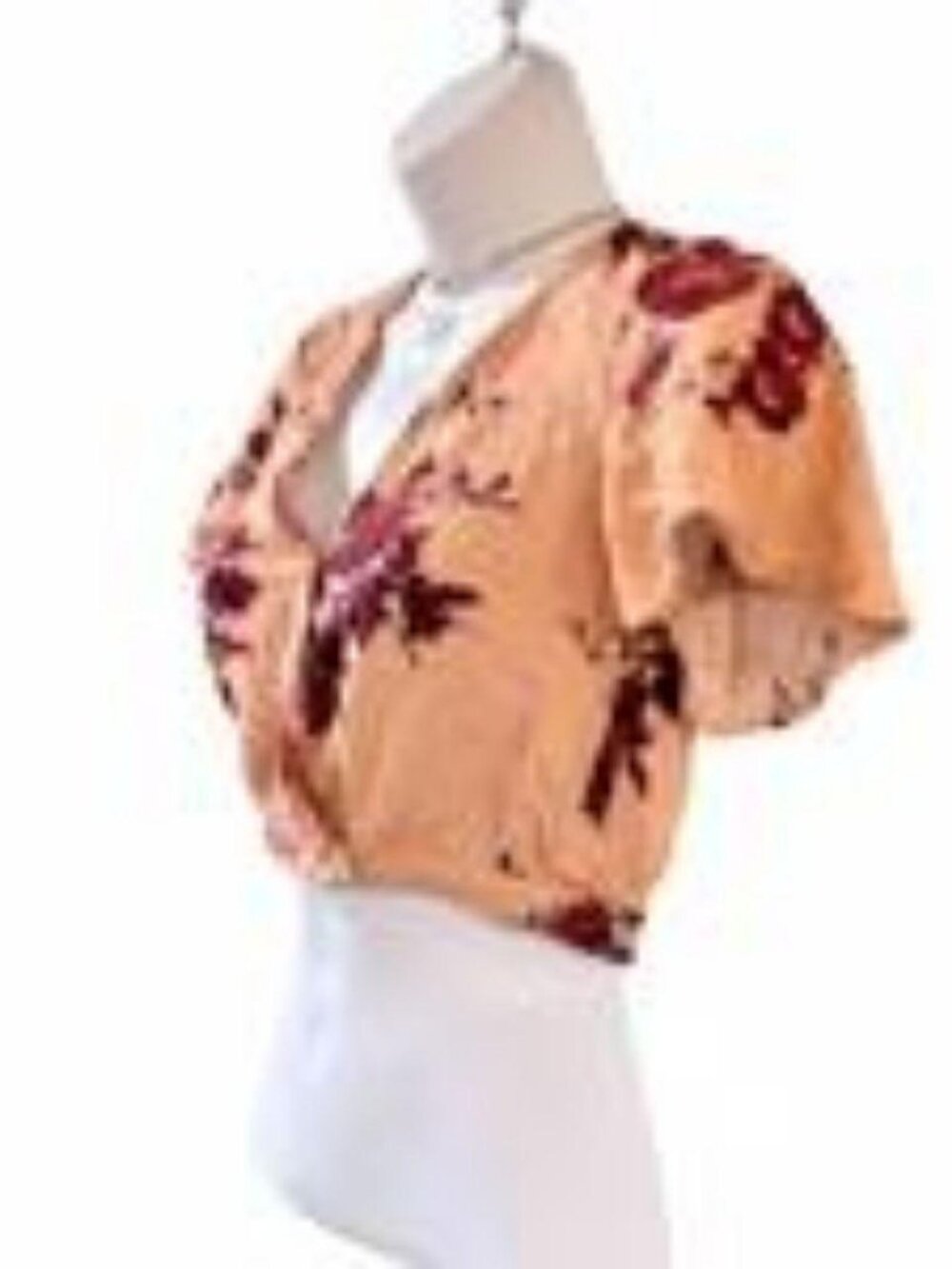 Peach Burgundy Floral Ruffle Crop Blouse S